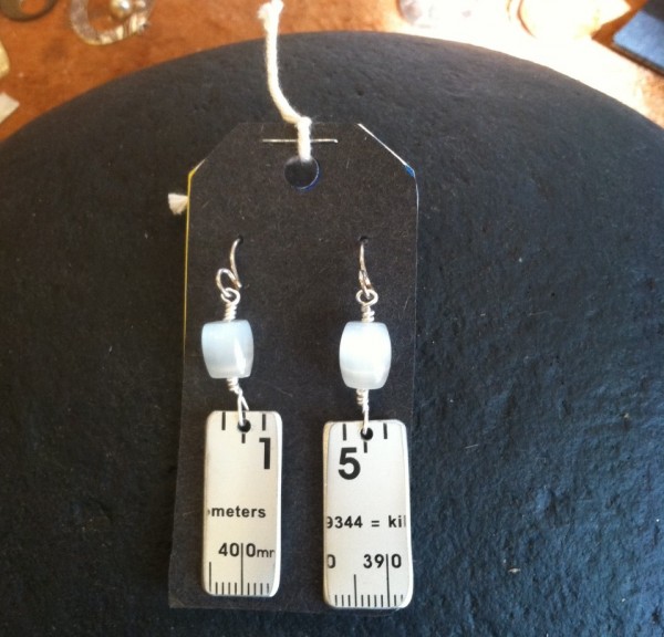 Aluminum ruler and white bead earrings