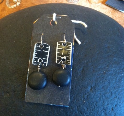 black metal ruler and black bead earrings #175
