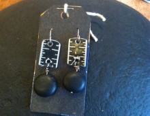 Black metal ruler and black bead earrings #175