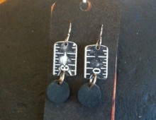 Black metal ruler and blue Bingo pieces earrings #38