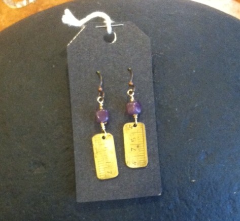 brass ruler and purple bead earrings #317
