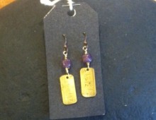Brass ruler and purple bead earrings #317