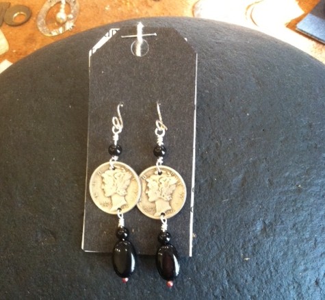dime and black bead earrings #300
