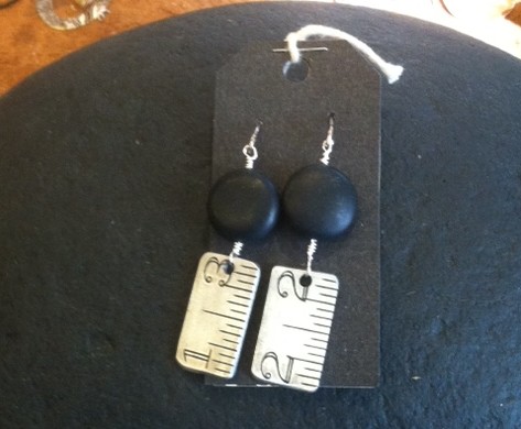 metal ruler and black bead earrings #172