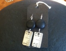 Metal ruler and black bead earrings #172
